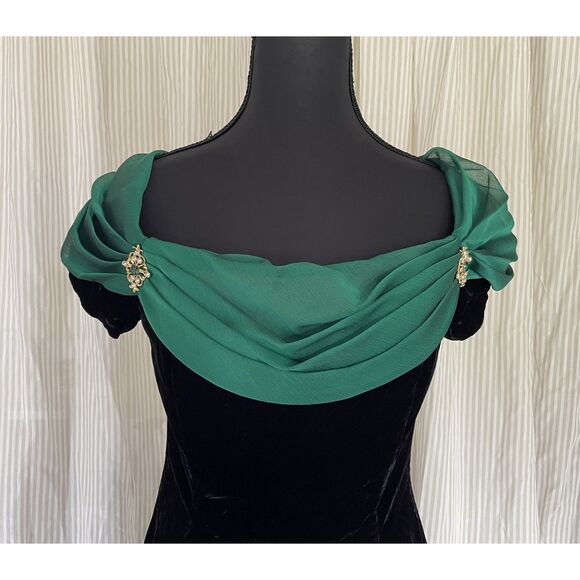 VTG Scott McClintock Black Cocktail Dress Velvet Sz S Green Off Shoulder 90s Y2K - Picture 4 of 8